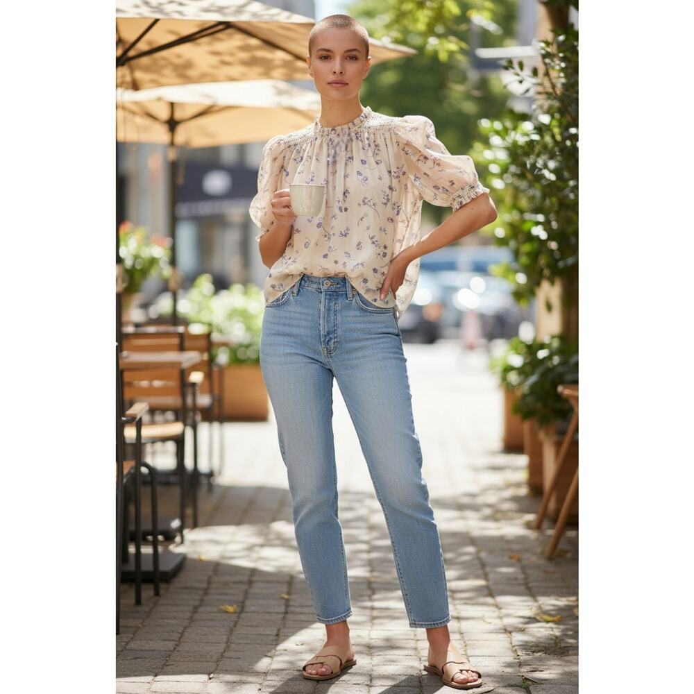 NWT Aritzia Wilfred Wuthering Smocked Chiffon YELLOW Floral Blouse -Small